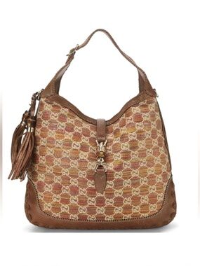 Gucci GG New Jackie Woven Straw and Leather Lebeccio Large Two Way Shoulder Bag
